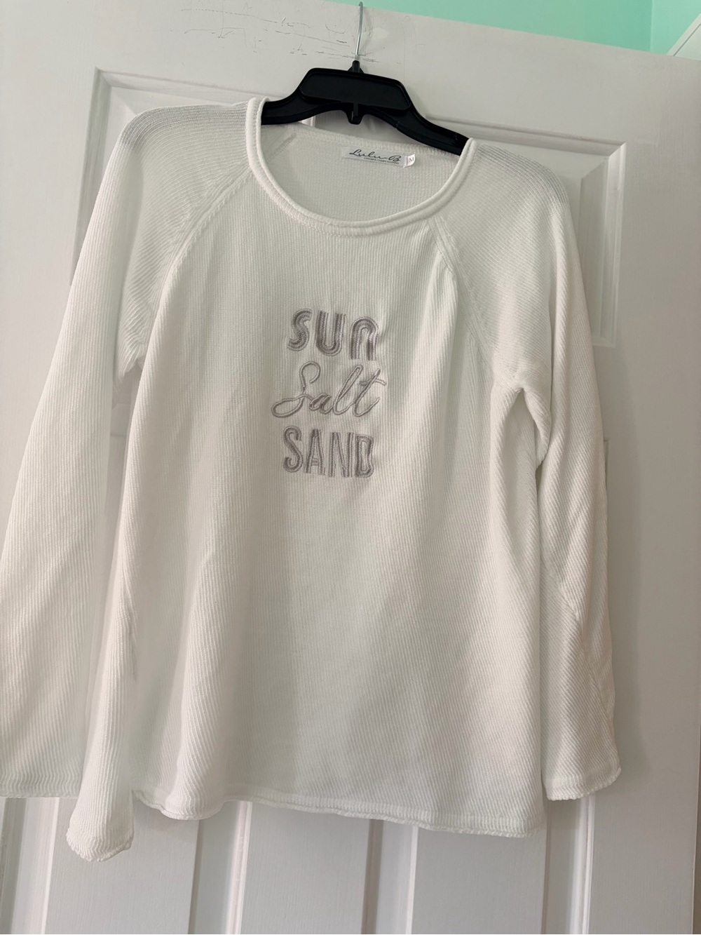 Lulu-B White Long Sleeve Tee with 'Surf Salt Sand' Embroidery